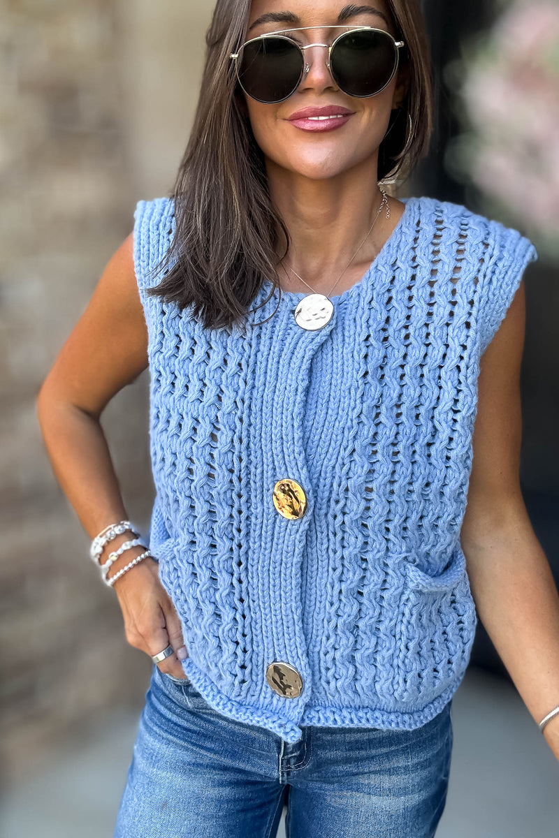 Mable Please And Thank You Periwinkle Chunky Openwork Knit Gold Button Down Vest