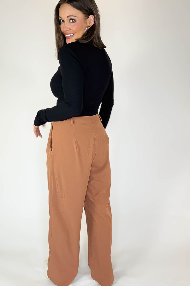 Camel High Waisted Wide Leg Pants With Front Pockets