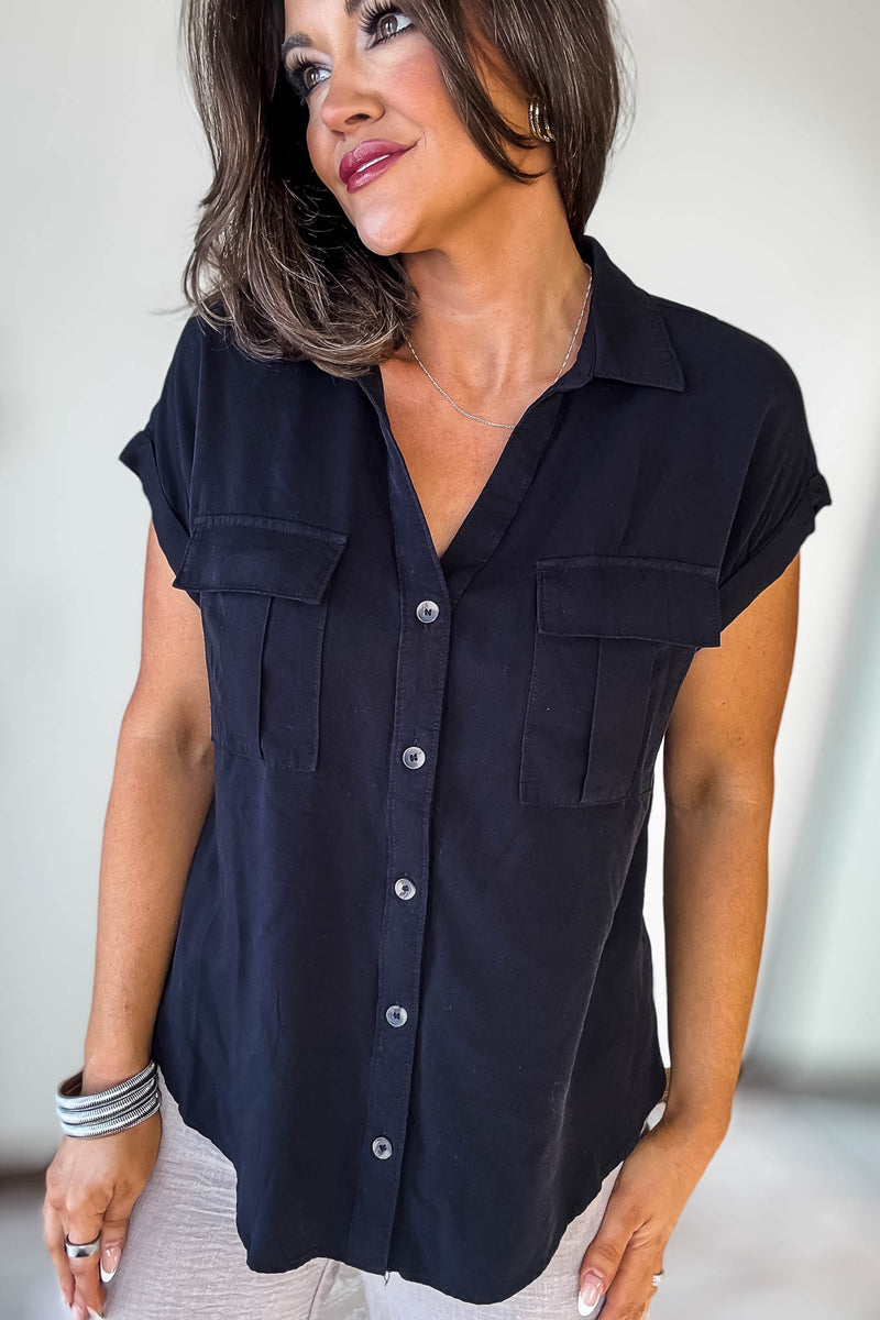 Tencel Black V-Neck Collared Top