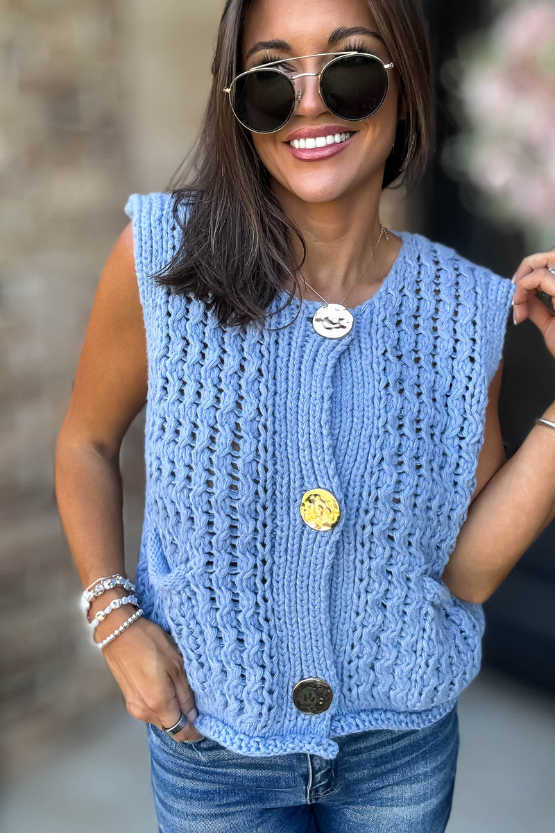 Mable Please And Thank You Periwinkle Chunky Openwork Knit Gold Button Down Vest