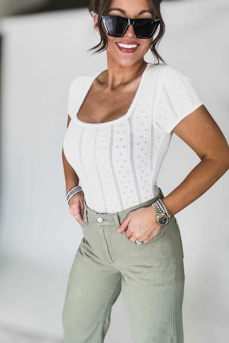 White Cap Sleeve Square Neck Pointelle Bodysuit