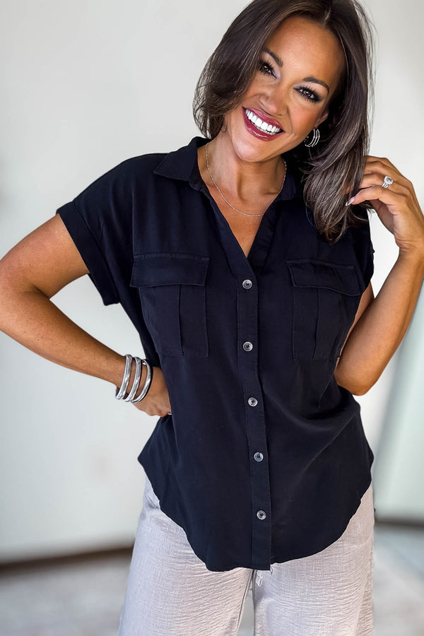 Tencel Black V-Neck Collared Top