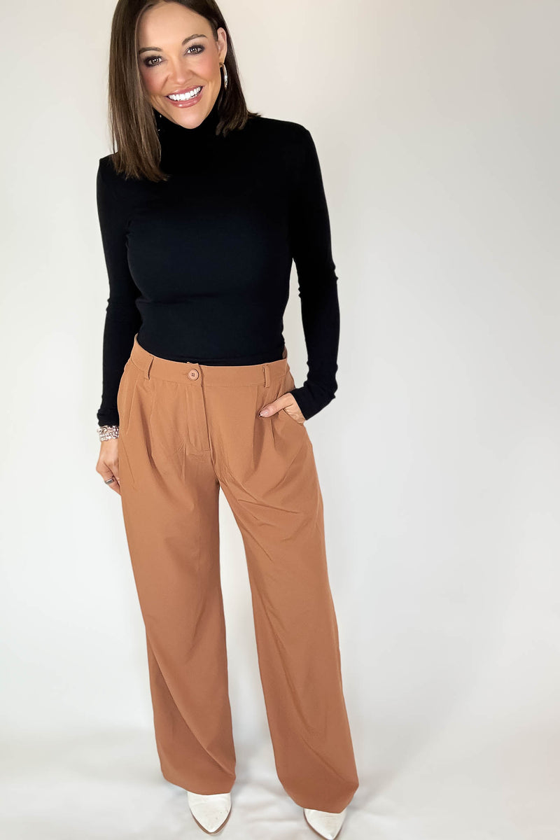 Camel High Waisted Wide Leg Pants With Front Pockets