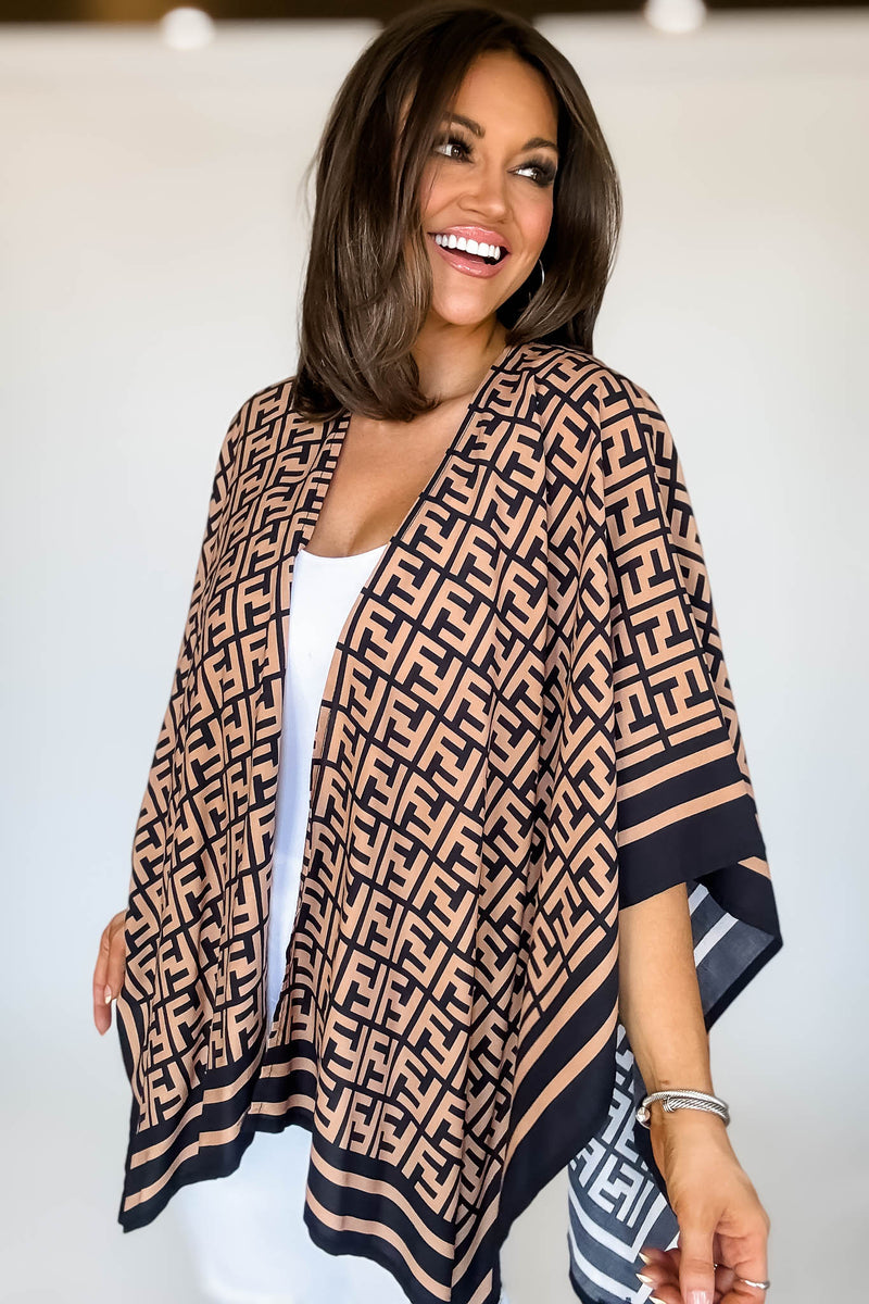 Geometric Pattern Black Print Ruana Poncho