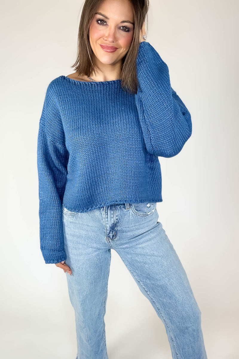 Le Lis Blue Long Sleeve Boat Neck Boxy Sweater Top