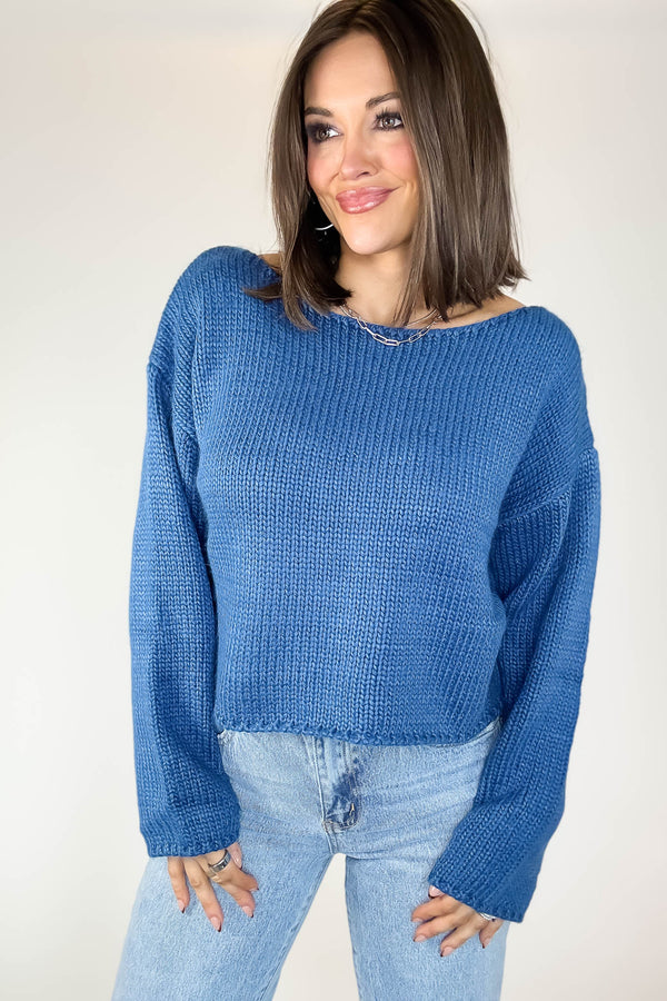 Le Lis Blue Long Sleeve Boat Neck Boxy Sweater Top