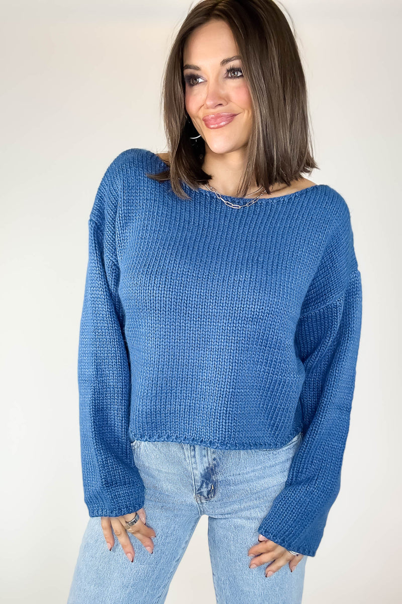Le Lis Blue Long Sleeve Boat Neck Boxy Sweater Top