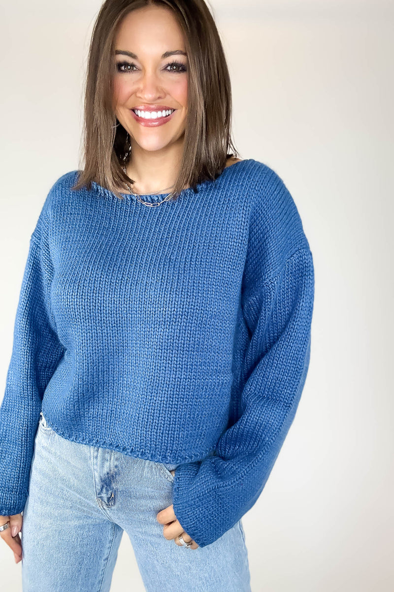 Le Lis Blue Long Sleeve Boat Neck Boxy Sweater Top