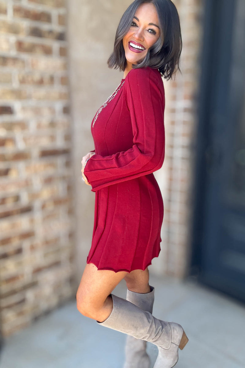 Le Lis Crimson Long Sleeve Flare Ribbed Sweater Mini Dress