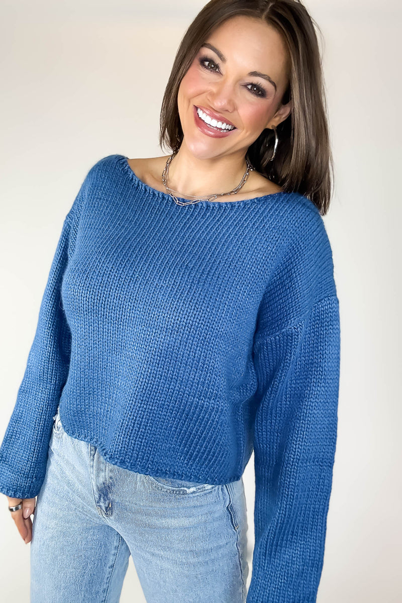 Le Lis Blue Long Sleeve Boat Neck Boxy Sweater Top