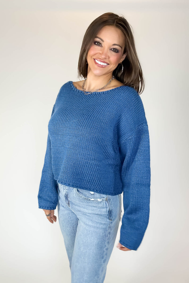 Le Lis Blue Long Sleeve Boat Neck Boxy Sweater Top