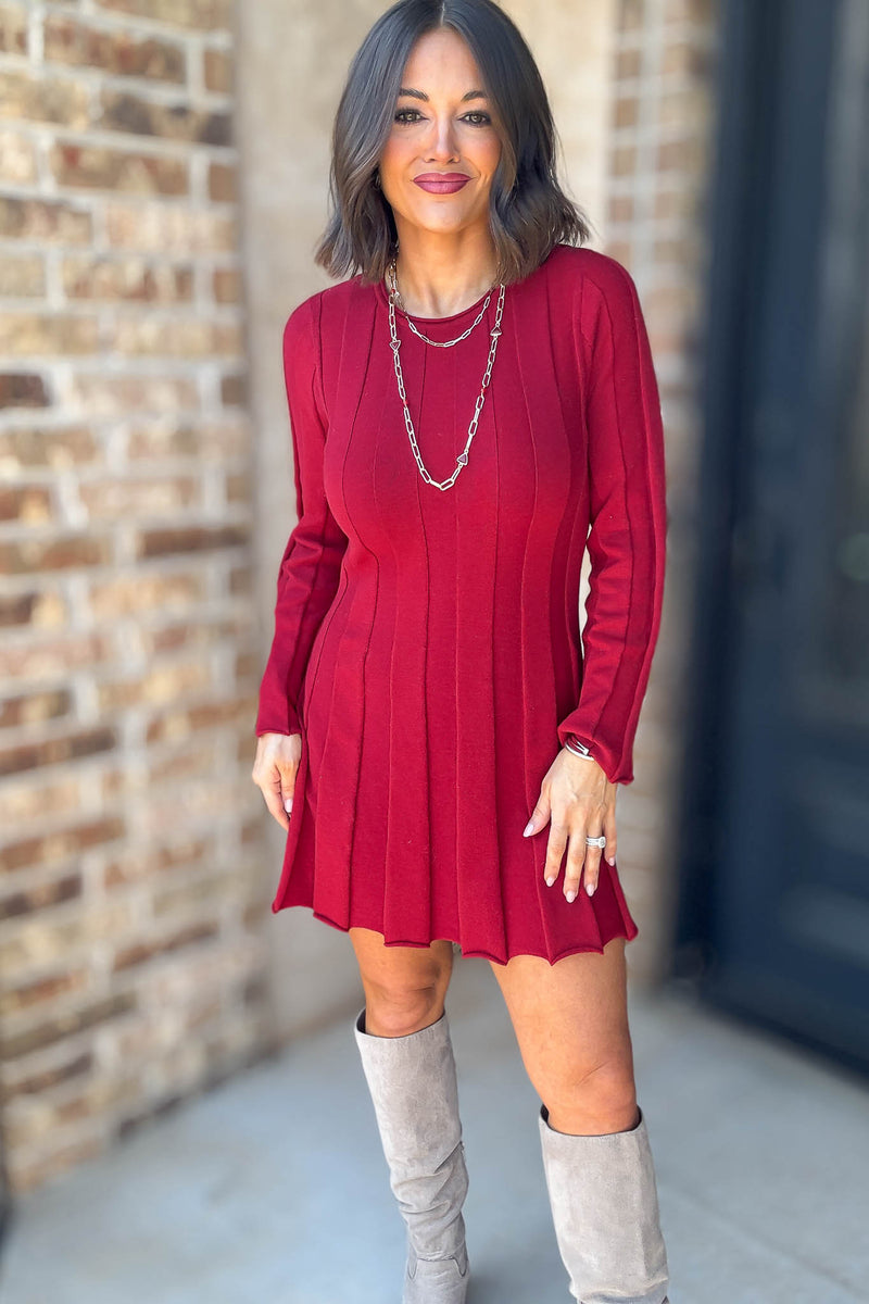 Le Lis Crimson Long Sleeve Flare Ribbed Sweater Mini Dress