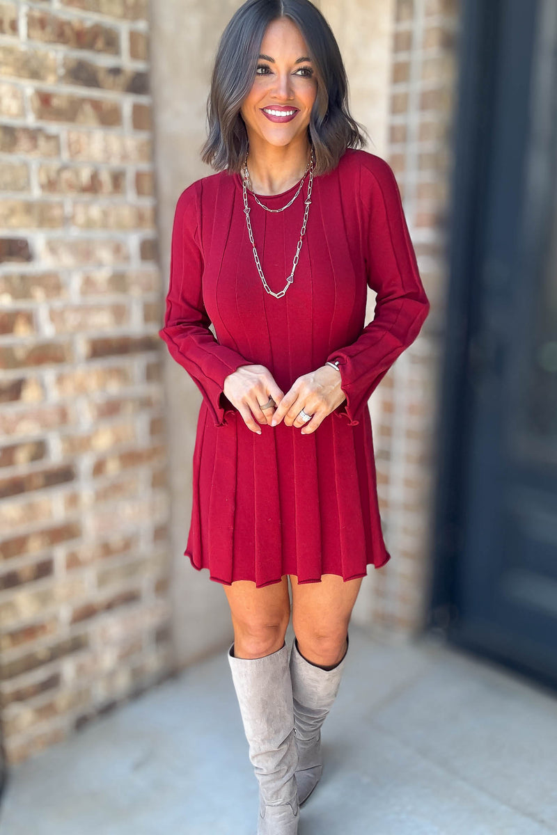 Le Lis Crimson Long Sleeve Flare Ribbed Sweater Mini Dress