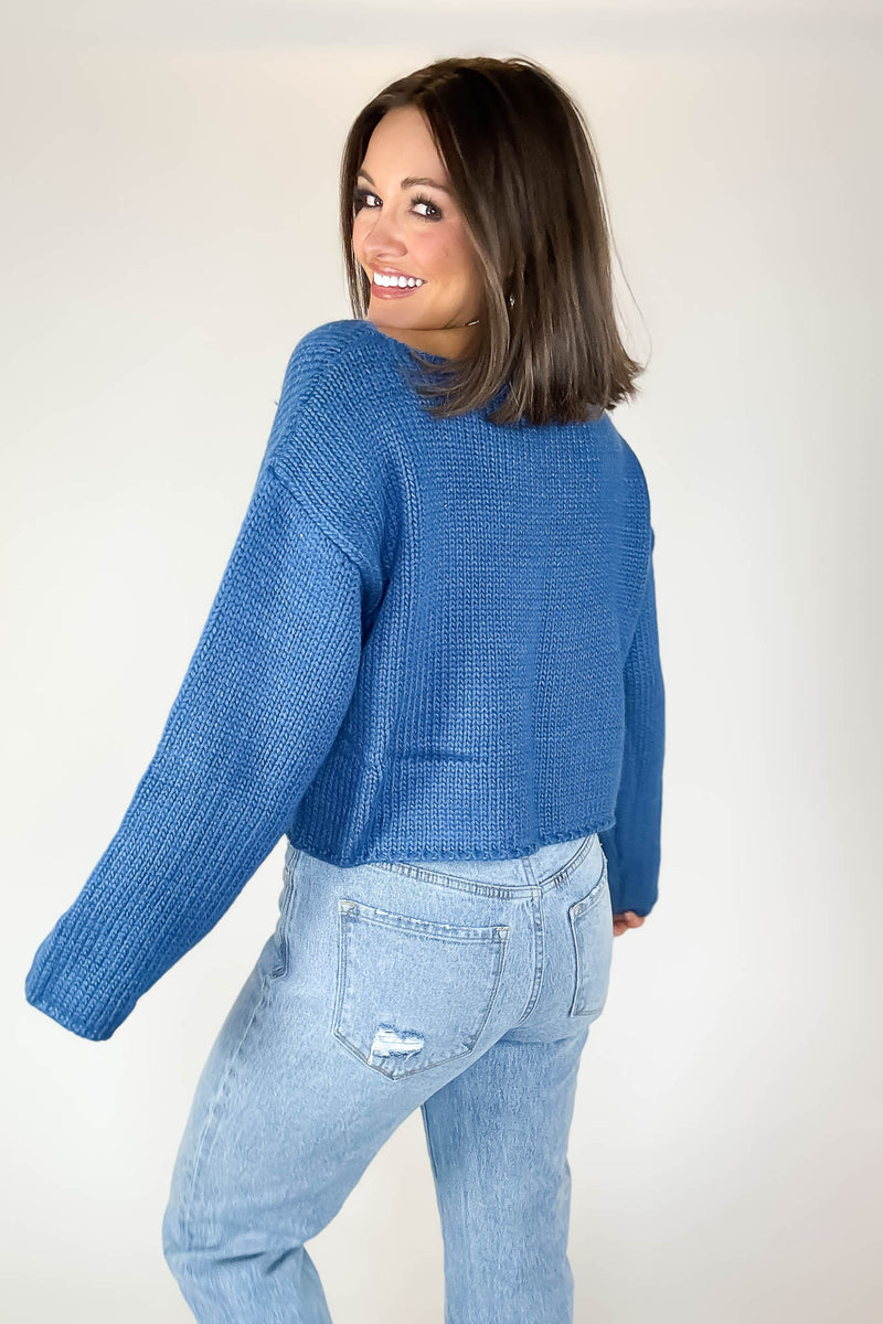 Le Lis Blue Long Sleeve Boat Neck Boxy Sweater Top