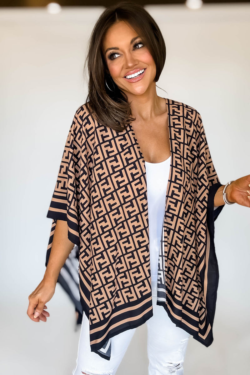 Geometric Pattern Black Print Ruana Poncho