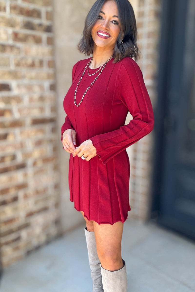 Le Lis Crimson Long Sleeve Flare Ribbed Sweater Mini Dress