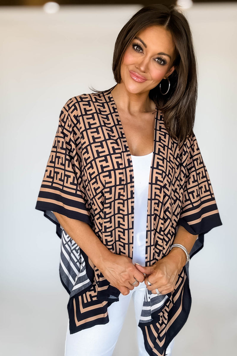 Geometric Pattern Black Print Ruana Poncho