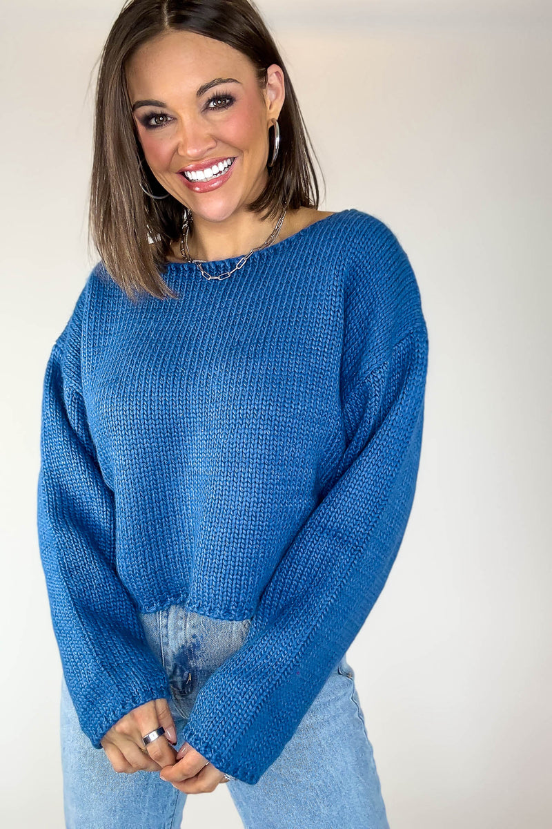 Le Lis Blue Long Sleeve Boat Neck Boxy Sweater Top
