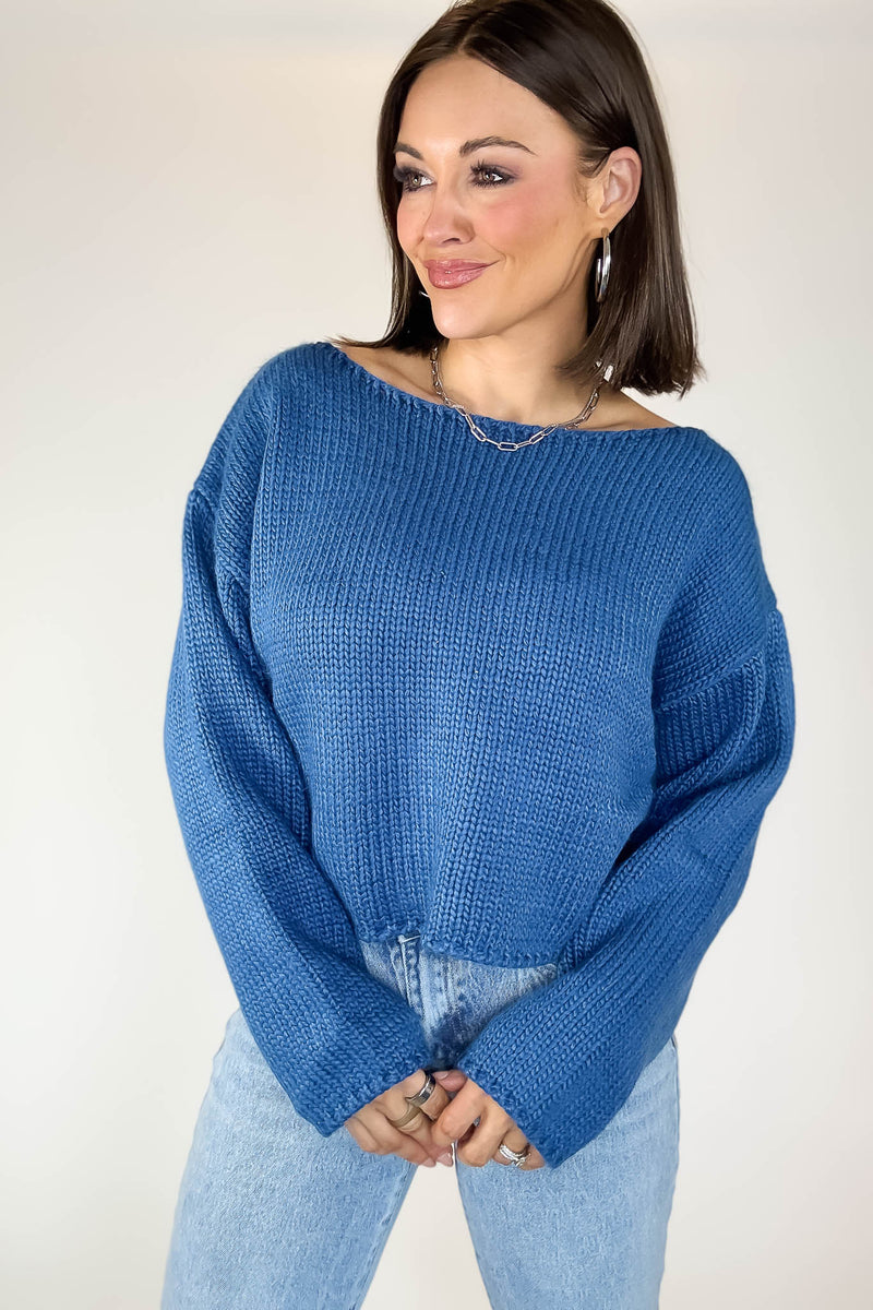 Le Lis Blue Long Sleeve Boat Neck Boxy Sweater Top