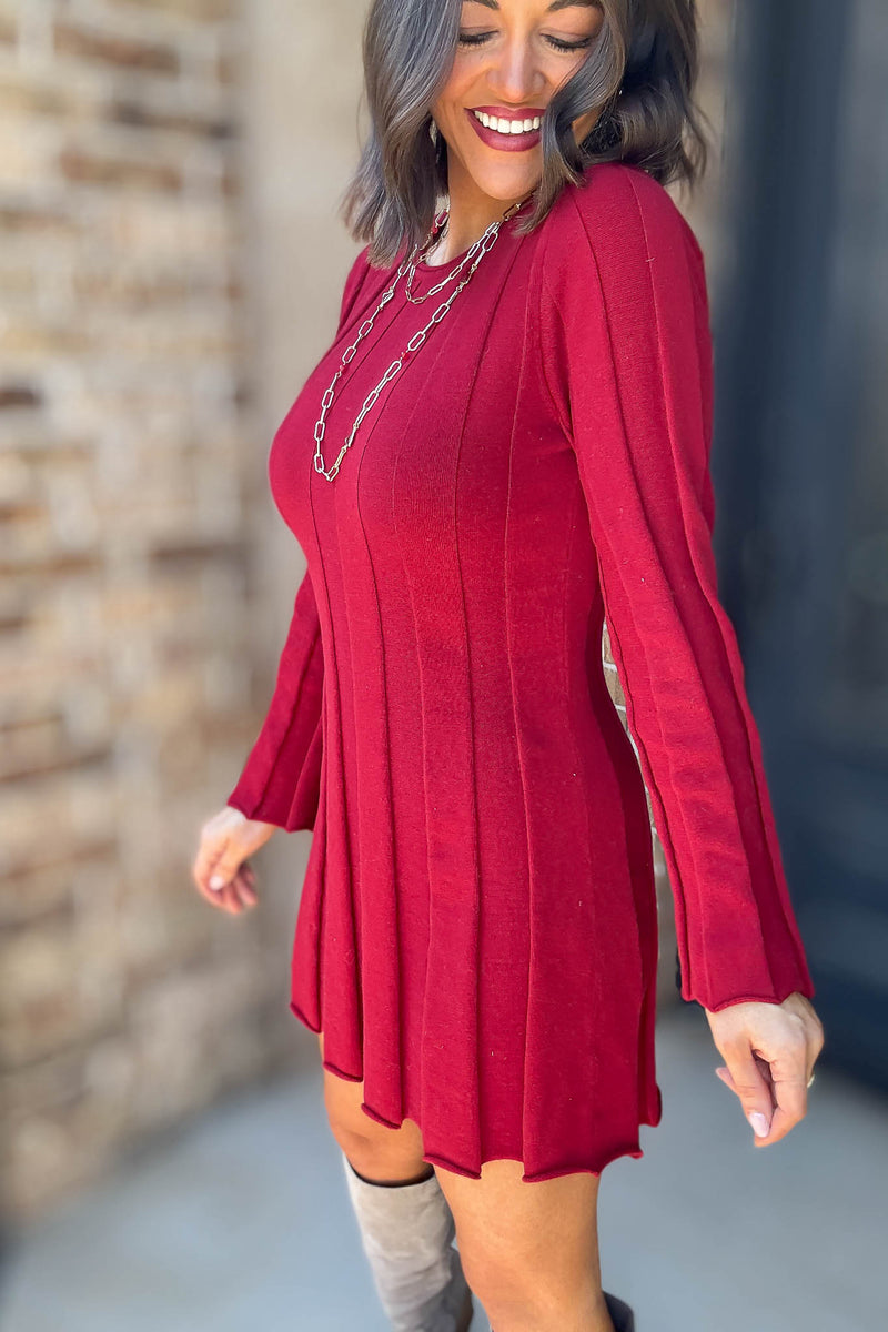 Le Lis Crimson Long Sleeve Flare Ribbed Sweater Mini Dress