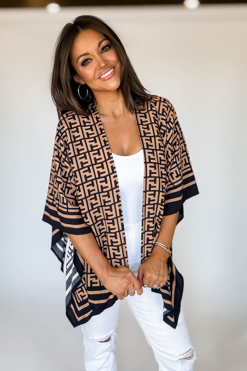 Geometric Pattern Black Print Ruana Poncho