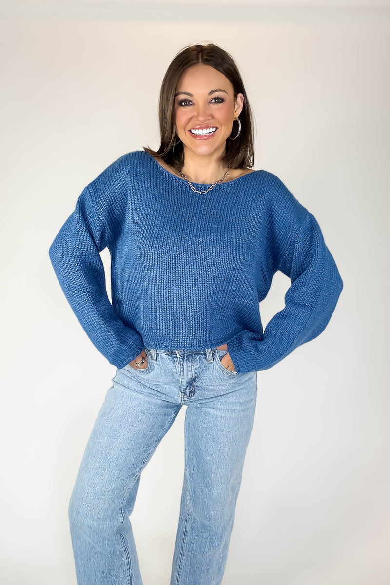 Le Lis Blue Long Sleeve Boat Neck Boxy Sweater Top