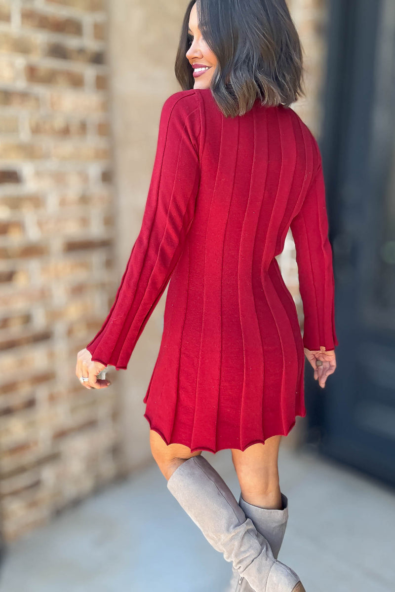Le Lis Crimson Long Sleeve Flare Ribbed Sweater Mini Dress