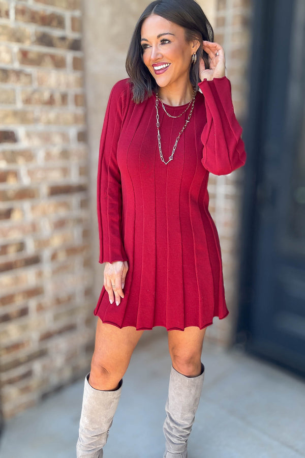 Le Lis Crimson Long Sleeve Flare Ribbed Sweater Mini Dress