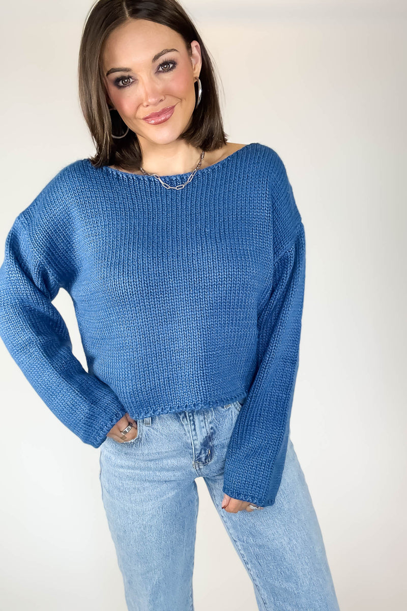 Le Lis Blue Long Sleeve Boat Neck Boxy Sweater Top