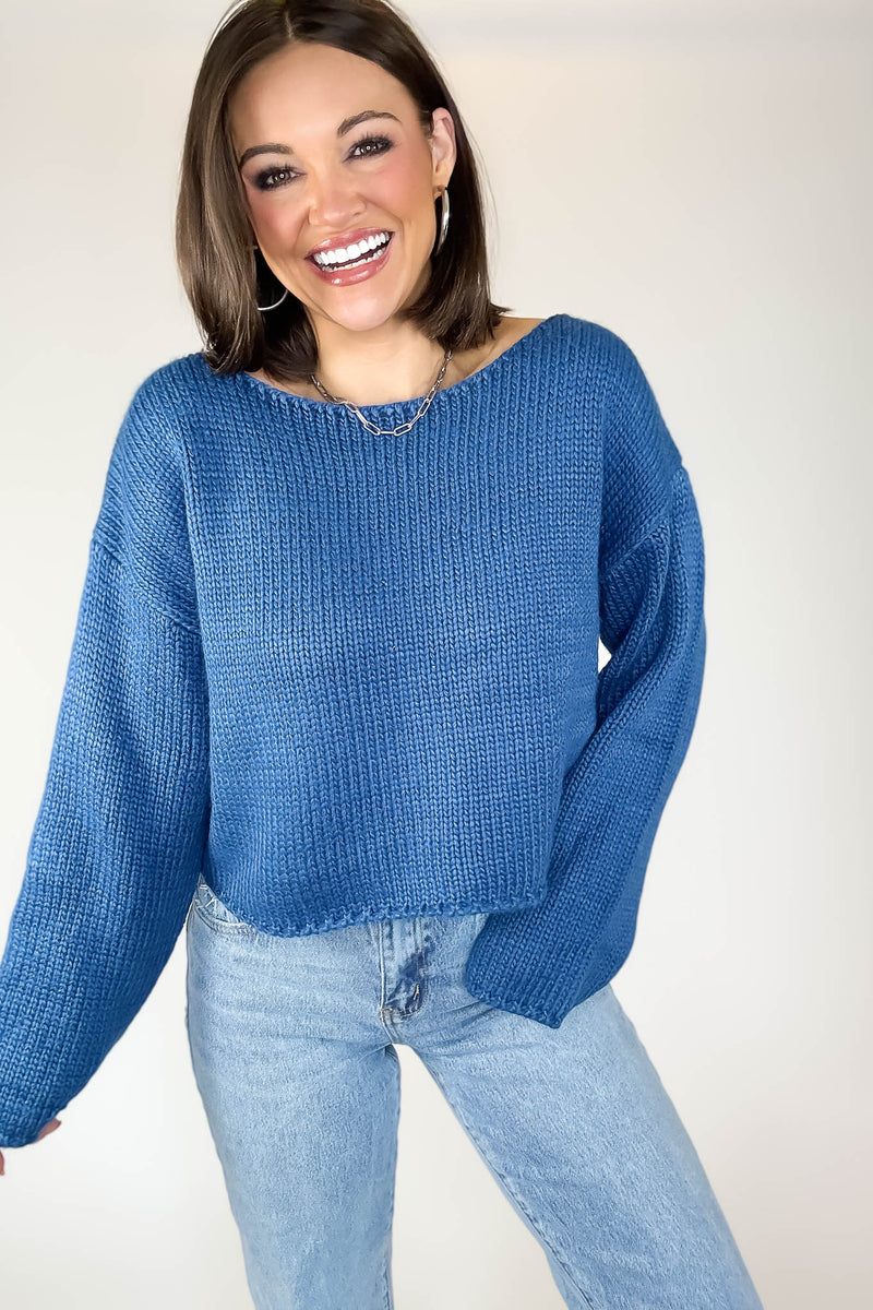 Le Lis Blue Long Sleeve Boat Neck Boxy Sweater Top