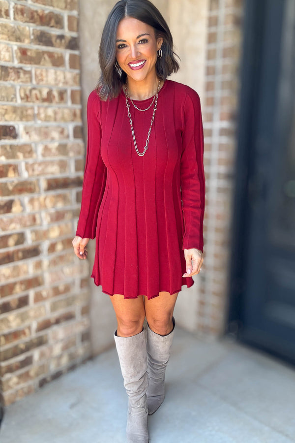 Le Lis Crimson Long Sleeve Flare Ribbed Sweater Mini Dress