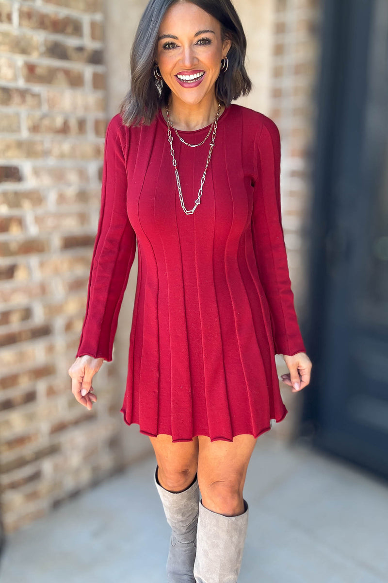 Le Lis Crimson Long Sleeve Flare Ribbed Sweater Mini Dress