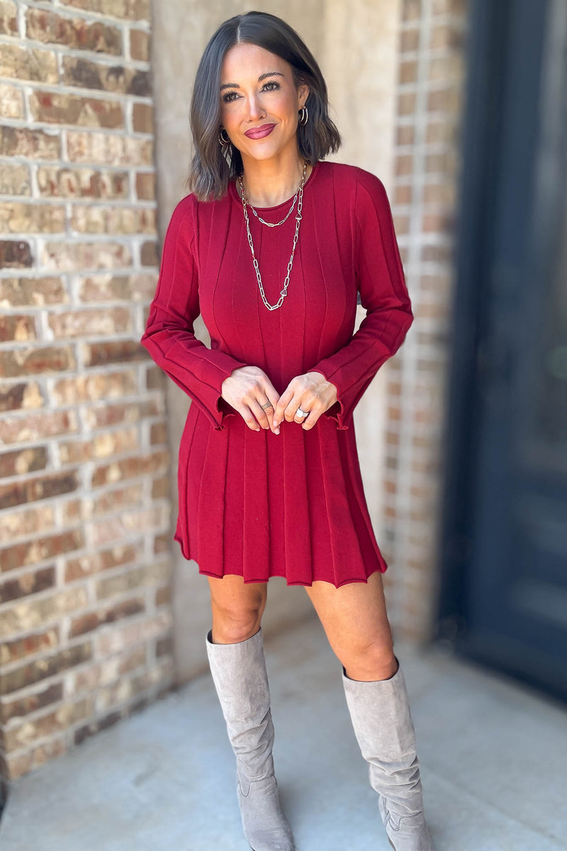 Le Lis Crimson Long Sleeve Flare Ribbed Sweater Mini Dress