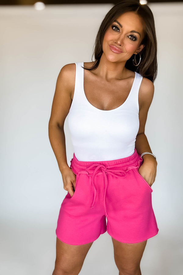 Raw Hem Hot Pink Draw String Fleece Shorts