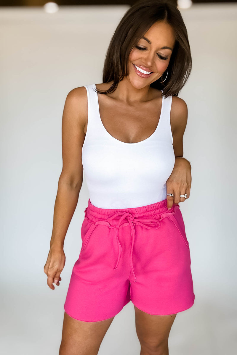 Raw Hem Hot Pink Draw String Fleece Shorts