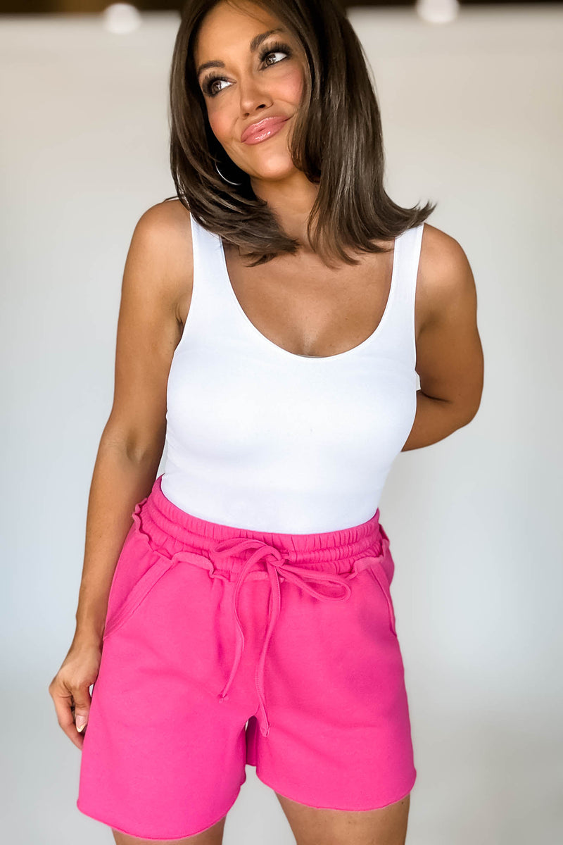 Raw Hem Hot Pink Draw String Fleece Shorts