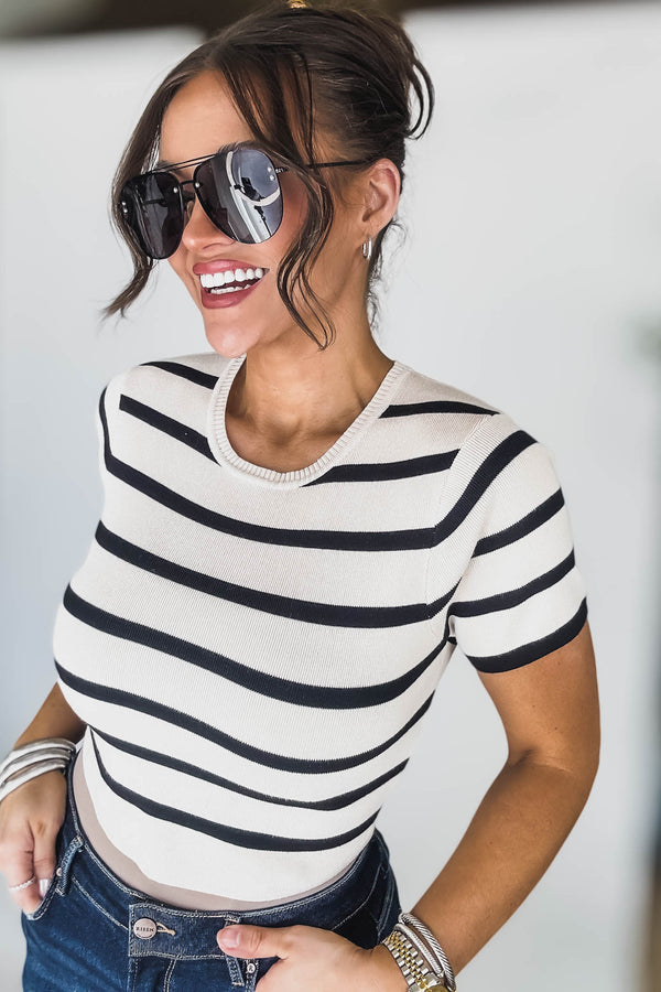 Basic Black And Cream Cropped Short Sleeve Stripe Top