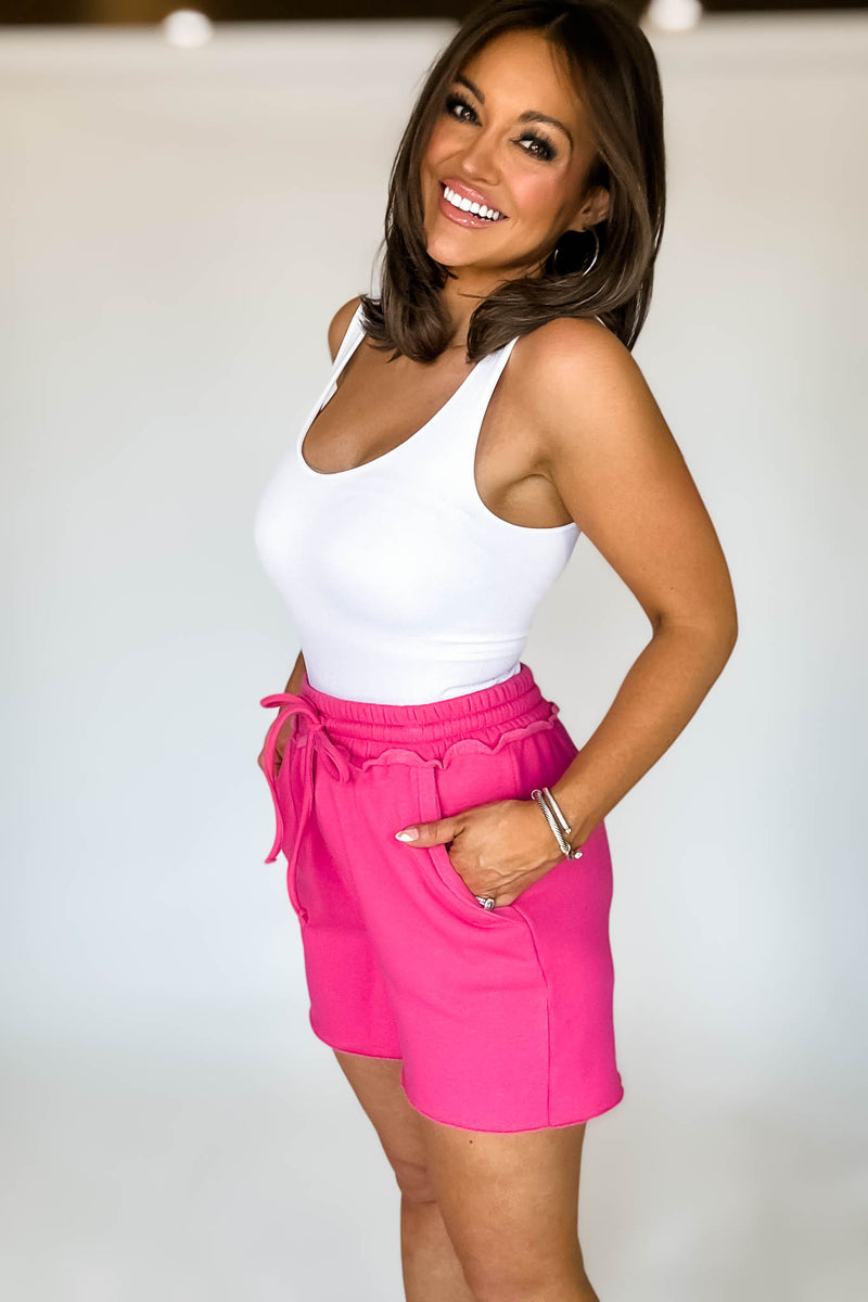 Raw Hem Hot Pink Draw String Fleece Shorts