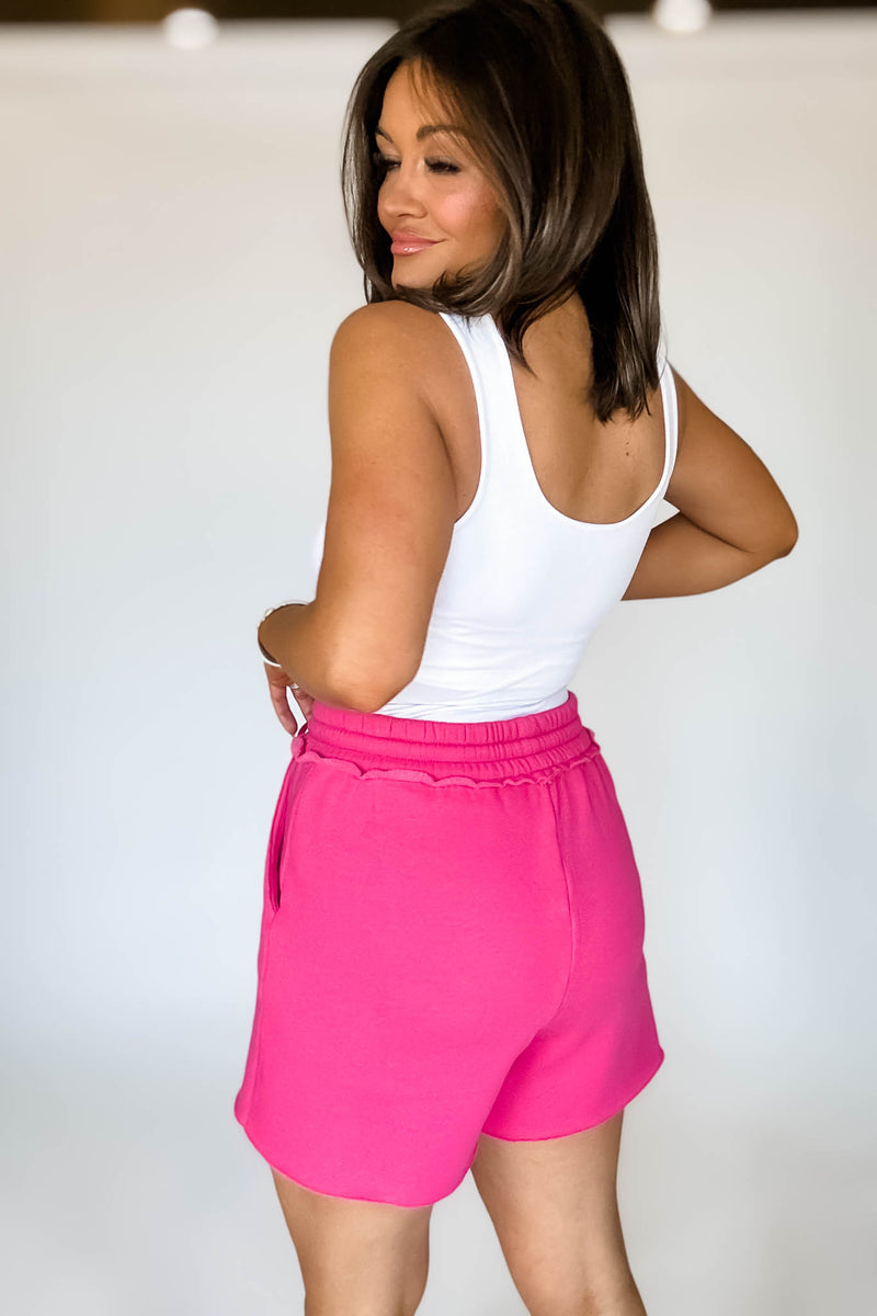 Raw Hem Hot Pink Draw String Fleece Shorts