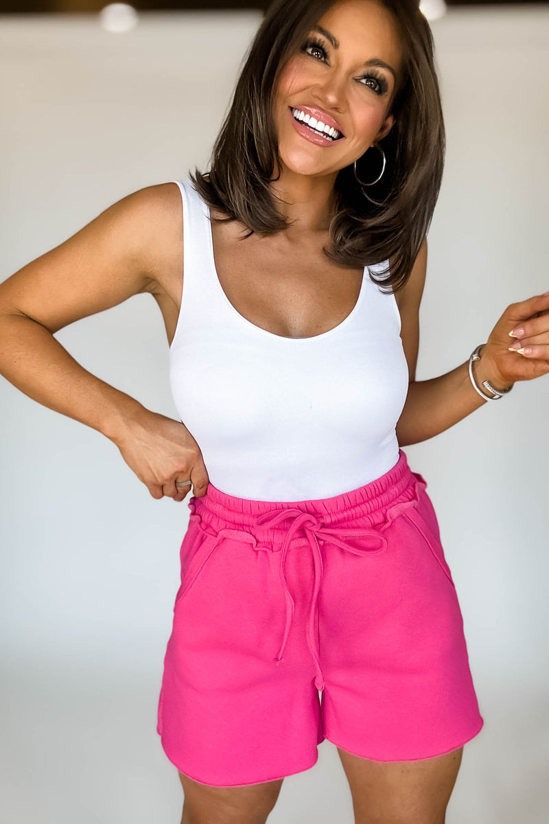 Raw Hem Hot Pink Draw String Fleece Shorts