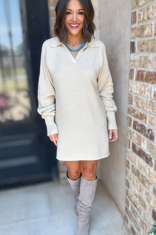 Cream Collared Sweater Dress