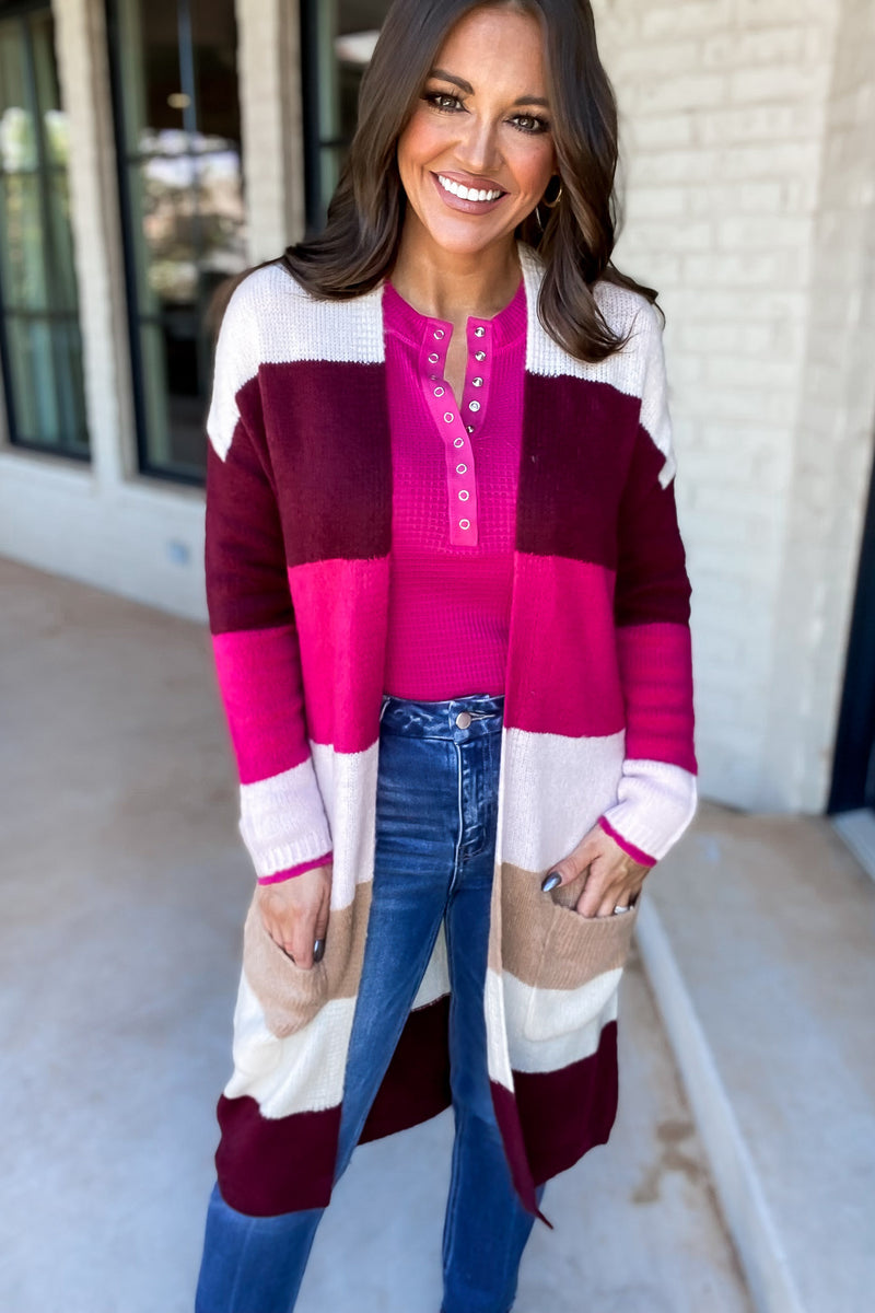 Every Aspect Off White And Burgundy Long Sleeve Open Front Color Block Cardigan