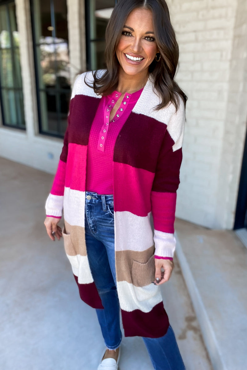 Every Aspect Off White And Burgundy Long Sleeve Open Front Color Block Cardigan