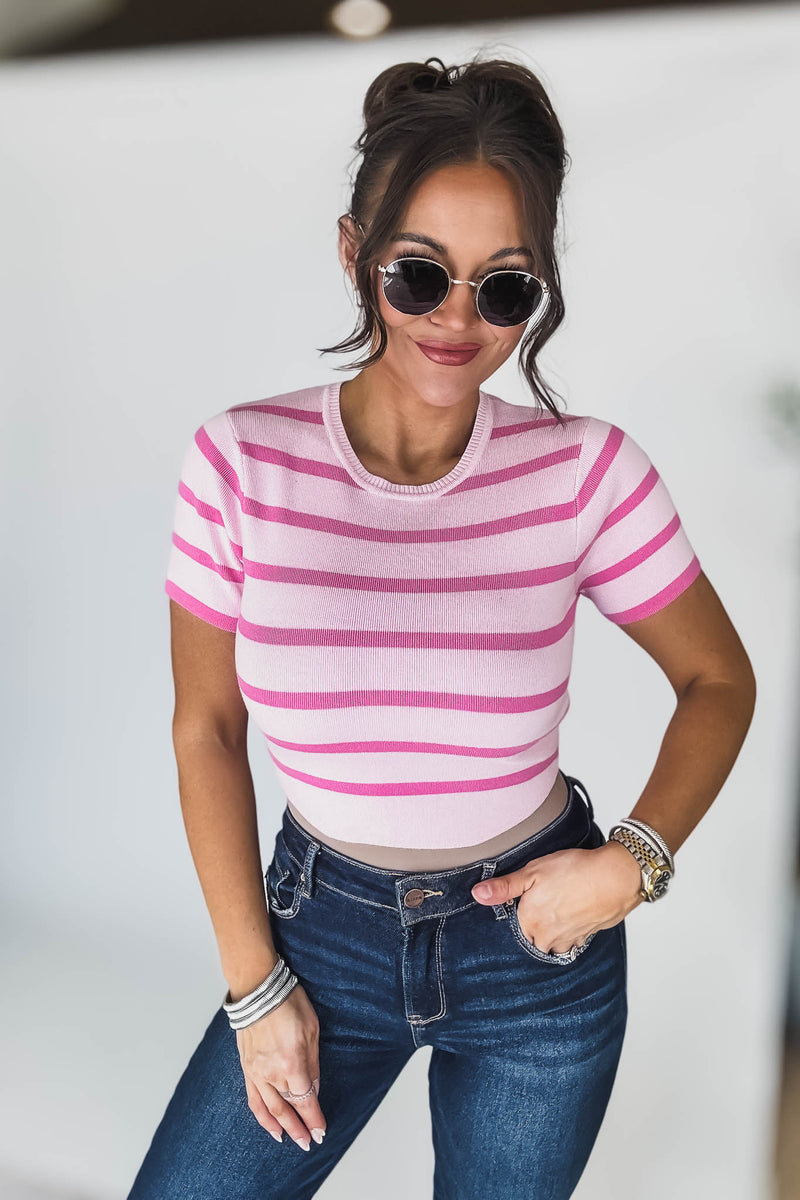 Basic Light Pink And Pink Cropped Short Sleeve Stripe Top