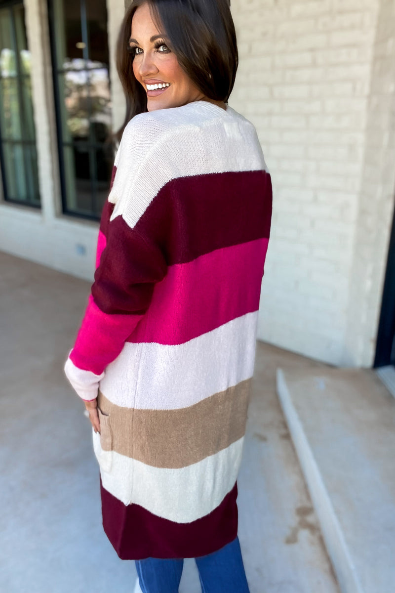 Every Aspect Off White And Burgundy Long Sleeve Open Front Color Block Cardigan
