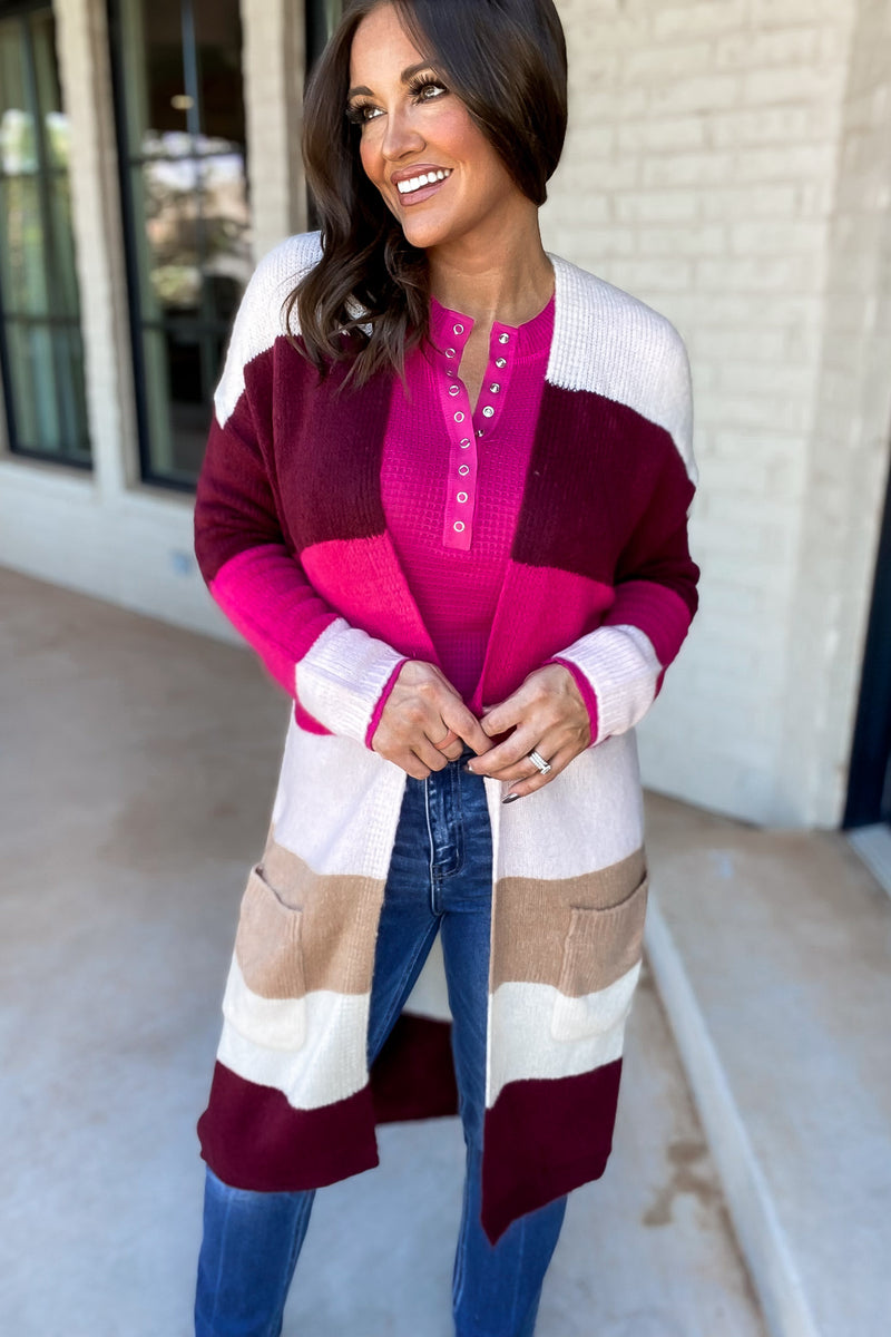 Every Aspect Off White And Burgundy Long Sleeve Open Front Color Block Cardigan