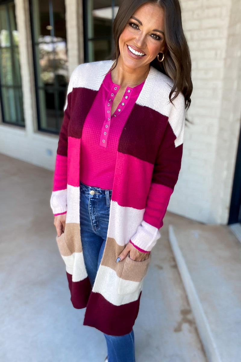 Every Aspect Off White And Burgundy Long Sleeve Open Front Color Block Cardigan