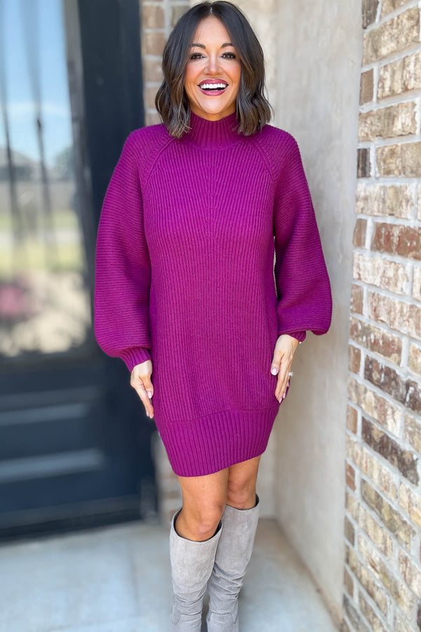 Magenta Mock Neck Cozy Sweater Dress