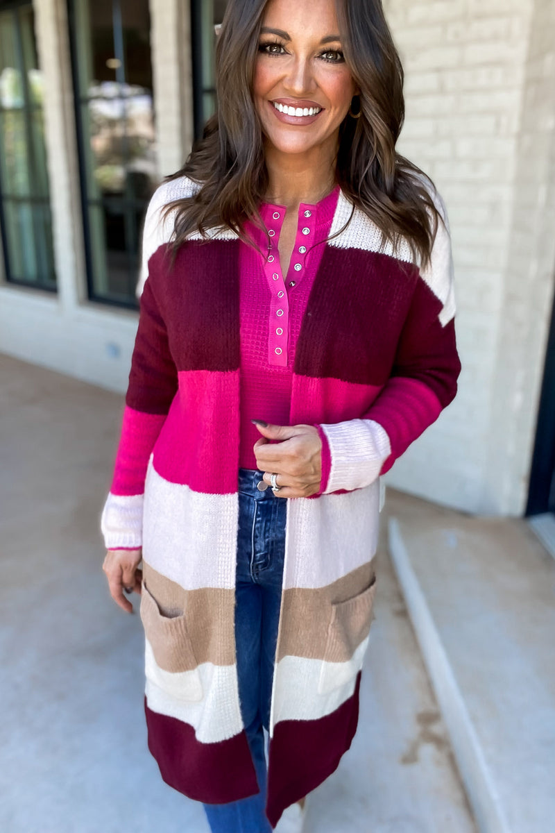 Every Aspect Off White And Burgundy Long Sleeve Open Front Color Block Cardigan
