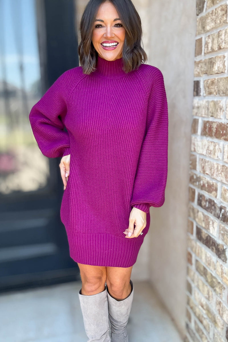 Magenta Mock Neck Cozy Sweater Dress